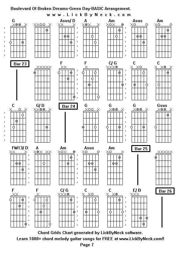 Chord Grids Chart of chord melody fingerstyle guitar song-Boulevard Of Broken Dreams-Green Day-BASIC Arrangement,generated by LickByNeck software.